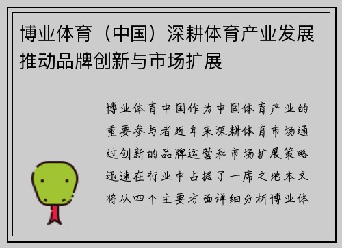 博业体育（中国）深耕体育产业发展推动品牌创新与市场扩展